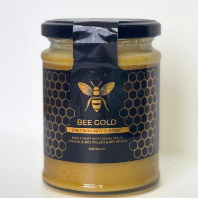 Bee Gold, a super blend of raw honey, bee pollen, bee propolis, bee bread and royal jelly